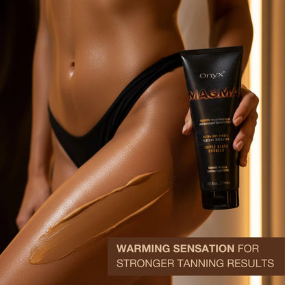 Close-up of bronzer lotion applied on skin with Onyx Magma highlighting warming tingle effect.