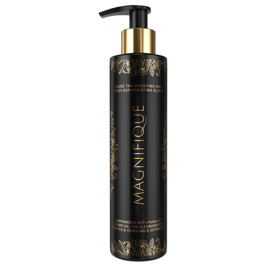 Luxury tanning lotion bottle with black and gold design isolated on a light background, premium product packaging shot.