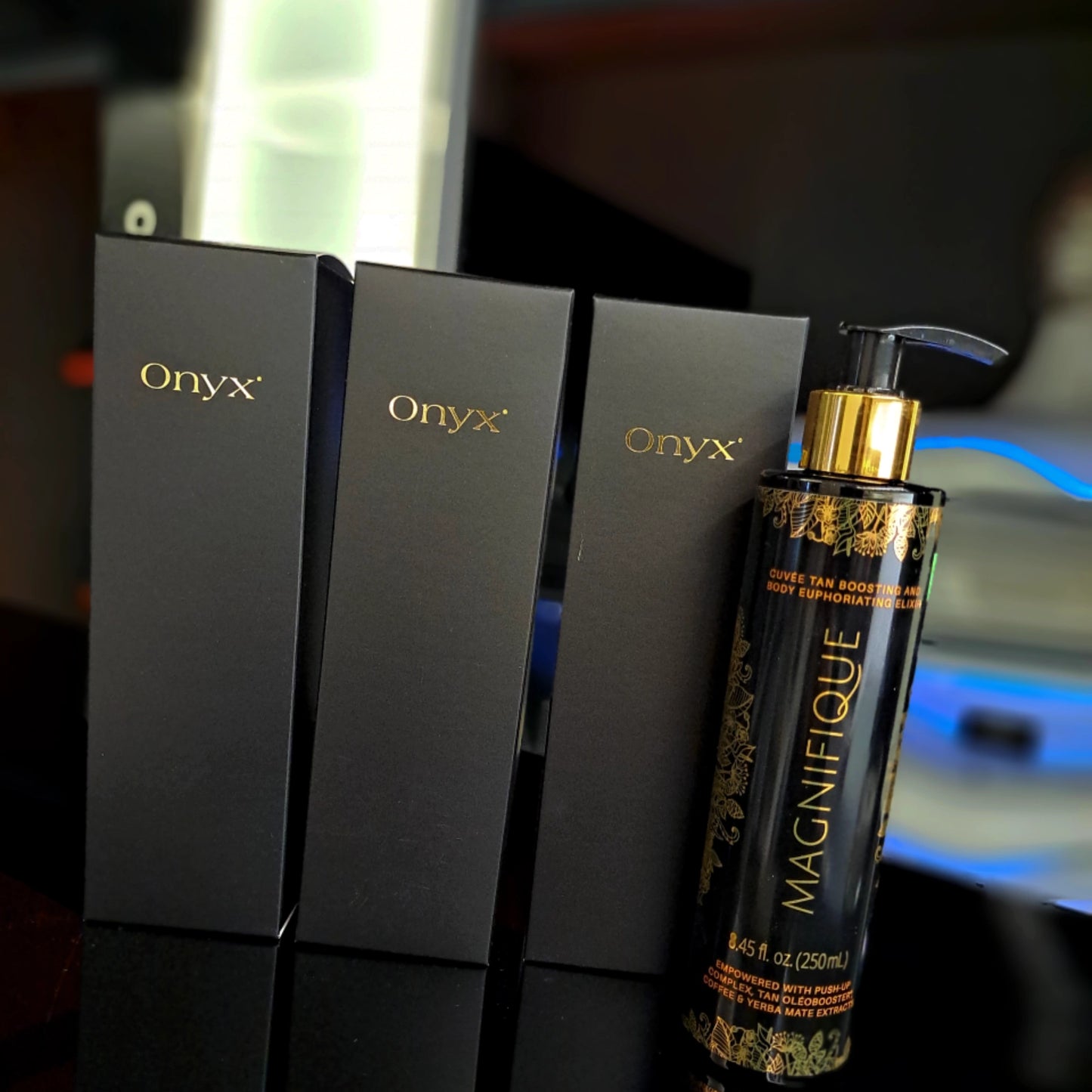 Onyx Magnifique Tanning Lotion displayed with premium black packaging for a luxurious tanning experience.