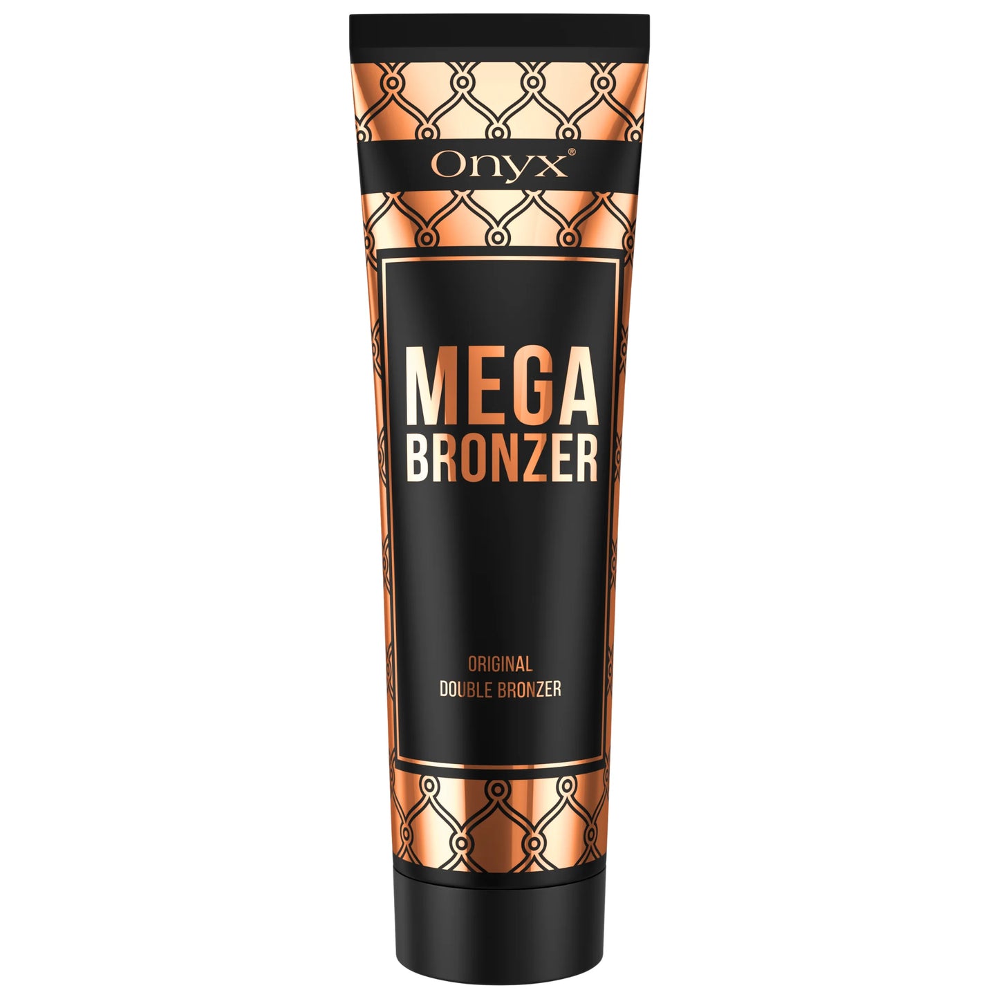Mega Bronzer tanning lotion tube with black and gold design isolated on a light background, clean product shot.