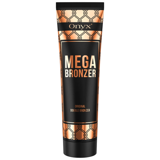Mega Bronzer tanning lotion tube with black and gold design isolated on a light background, clean product shot.