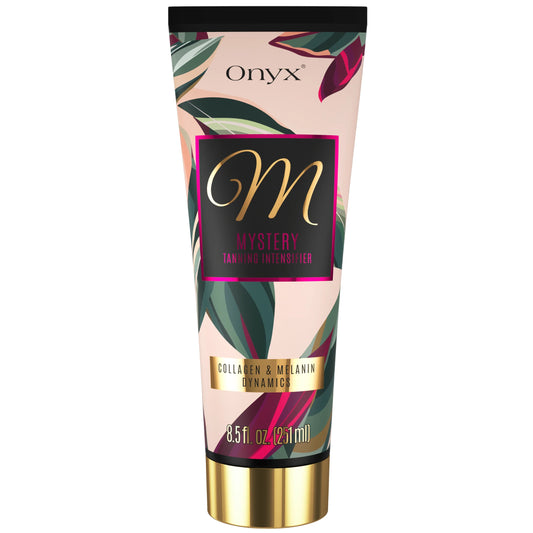 Front view of Onyx Mystery tanning intensifier bottle 8.5 fl oz with collagen and melanin formula