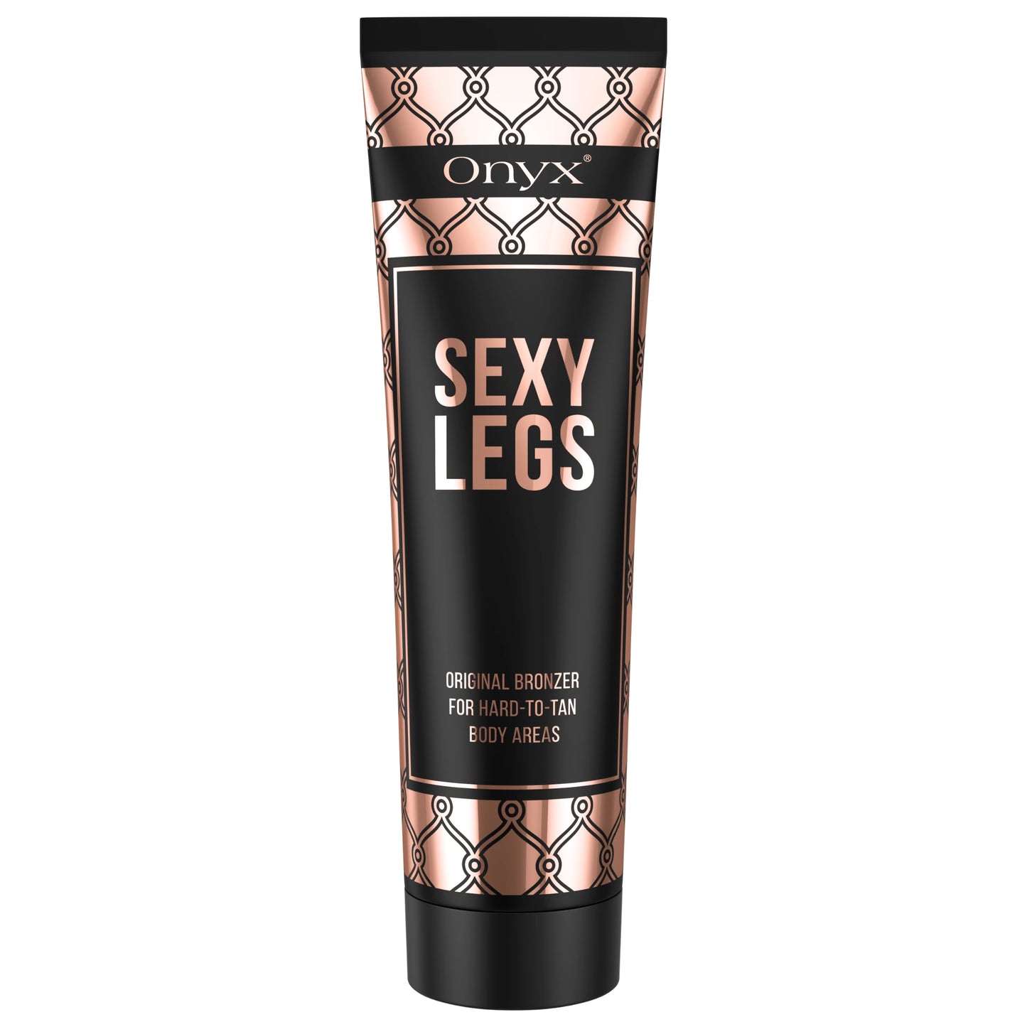 Onyx Sexy Legs tanning lotion in a black and rose gold tube, designed for hard-to-tan body areas with a bronzer-enhanced formula.