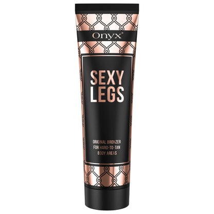 Onyx Sexy Legs tanning lotion in a black and rose gold tube, designed for hard-to-tan body areas with a bronzer-enhanced formula.