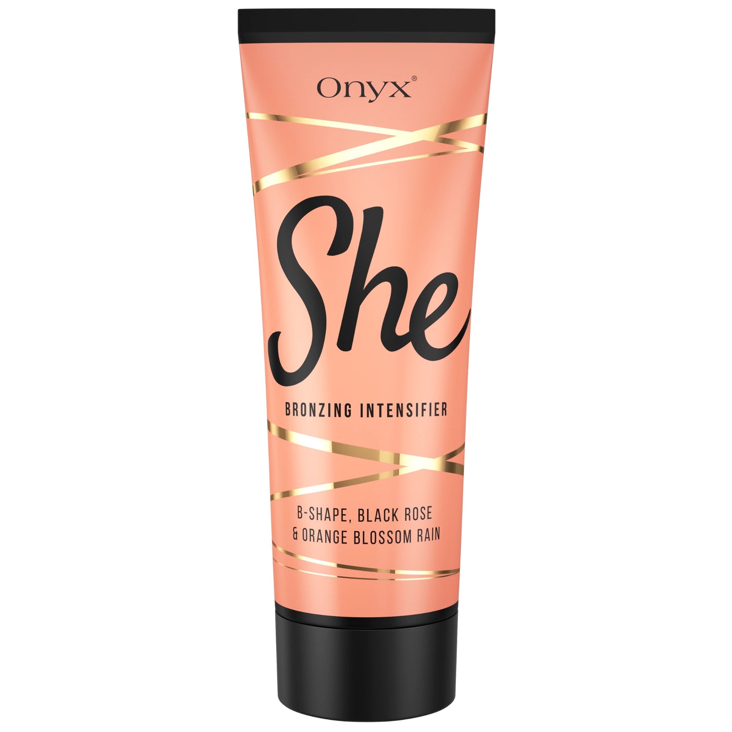 Onyx SHE bronzing intensifier tanning lotion in a peach and gold tube for a radiant tan.