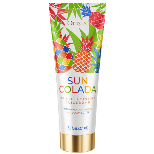 Onyx SunColada tanning lotion with triple bronzing power, featuring a vibrant tropical design with pineapples and a gold cap.