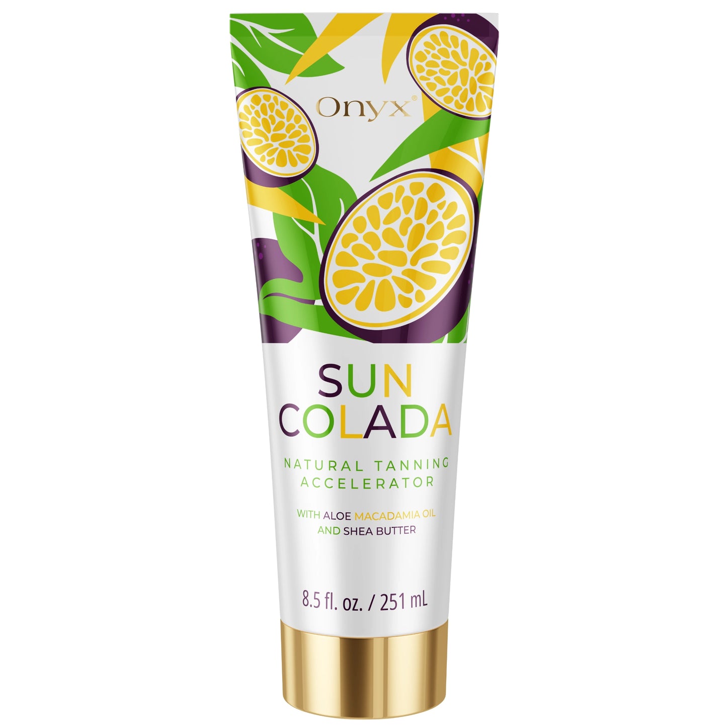 Onyx Suncolada tanning accelerator product image, white and gold lotion tube with passion fruit design, ideal for UV and sunbed tanning with moisturizing benefits