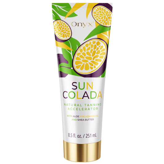 Onyx Suncolada tanning accelerator product image, white and gold lotion tube with passion fruit design, ideal for UV and sunbed tanning with moisturizing benefits