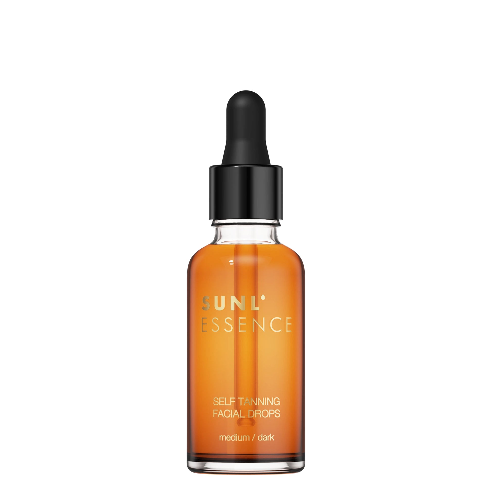 Transparent orange glass bottle of Sunl’essence self-tanning facial drops with a black dropper, labeled medium to dark shade, on a white background