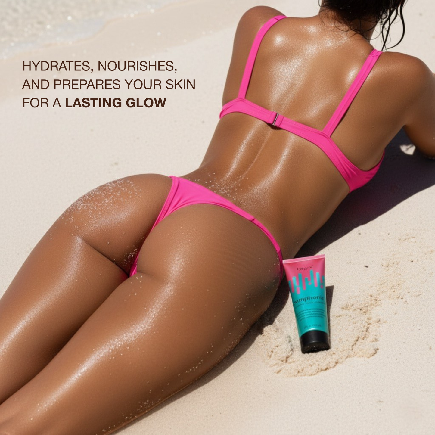 Woman lying on the sand with a deep bronze tan and Onyx Sunphoria beside her, a tanning lotion that hydrates the skin and supports long-lasting color.
