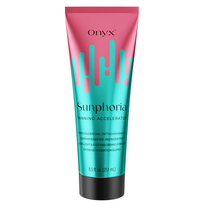 Onyx Sunphoria placed next to a woman with a deep sun-kissed tan, a tanning accelerator that helps intensify natural color without bronzers.