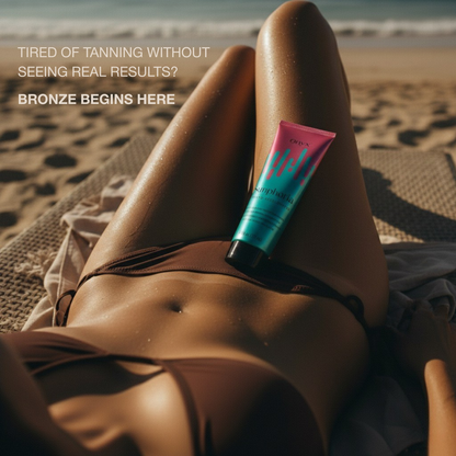 Woman relaxing on a sun lounger with Onyx Sunphoria on her stomach, a tanning lotion made for faster, more noticeable tanning results.