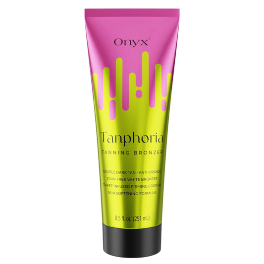Onyx Tanphoria Tanning Bronzer with a vibrant pink and green design, delivering a double dark tan.