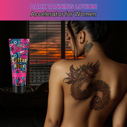 Onyx Tattoo Rose dark tanning bronzer for women shown with dragon back tattoo and sunset background, tanning bed and outdoor use