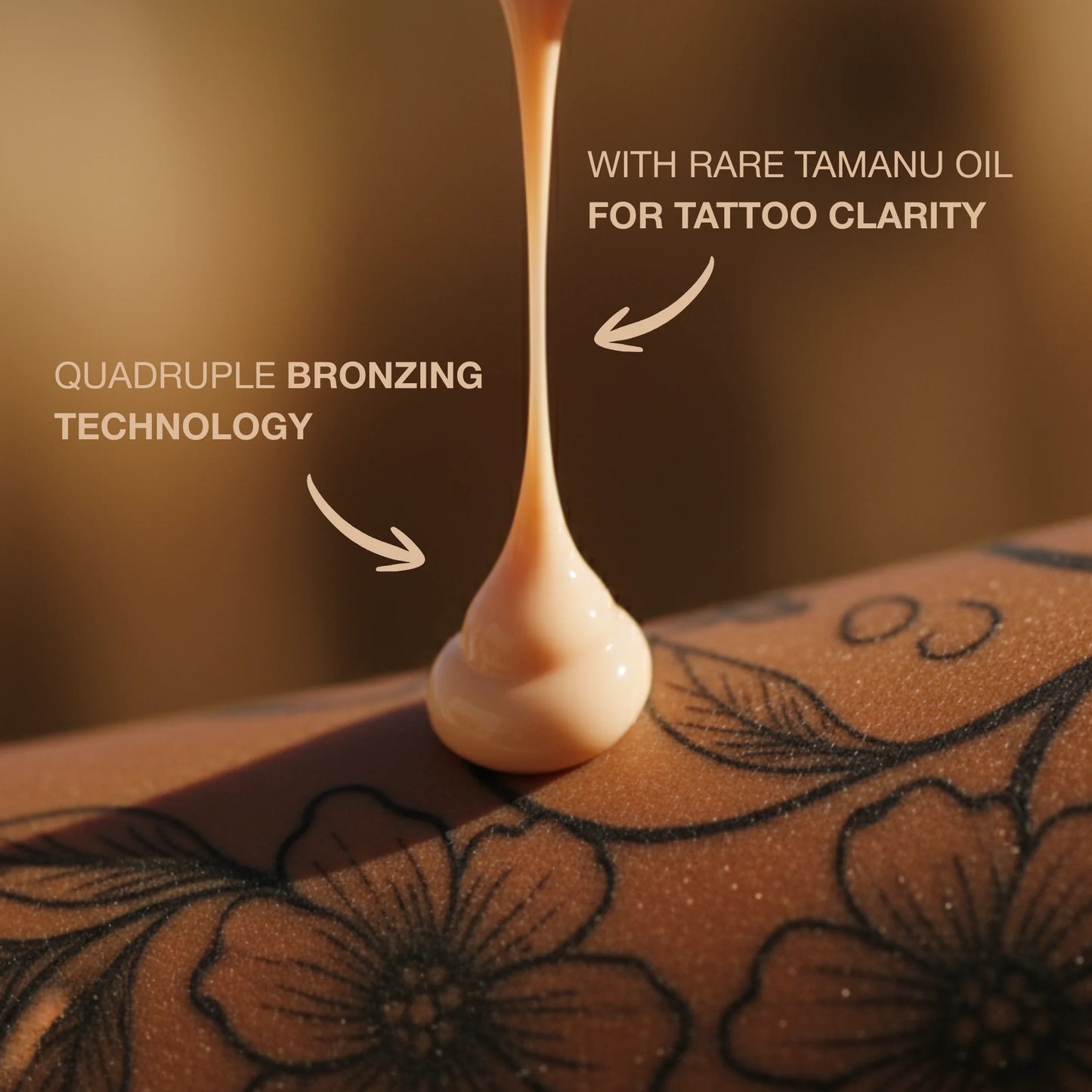 Macro shot of creamy lotion dripping onto tattooed skin, highlighting texture and skincare absorption.