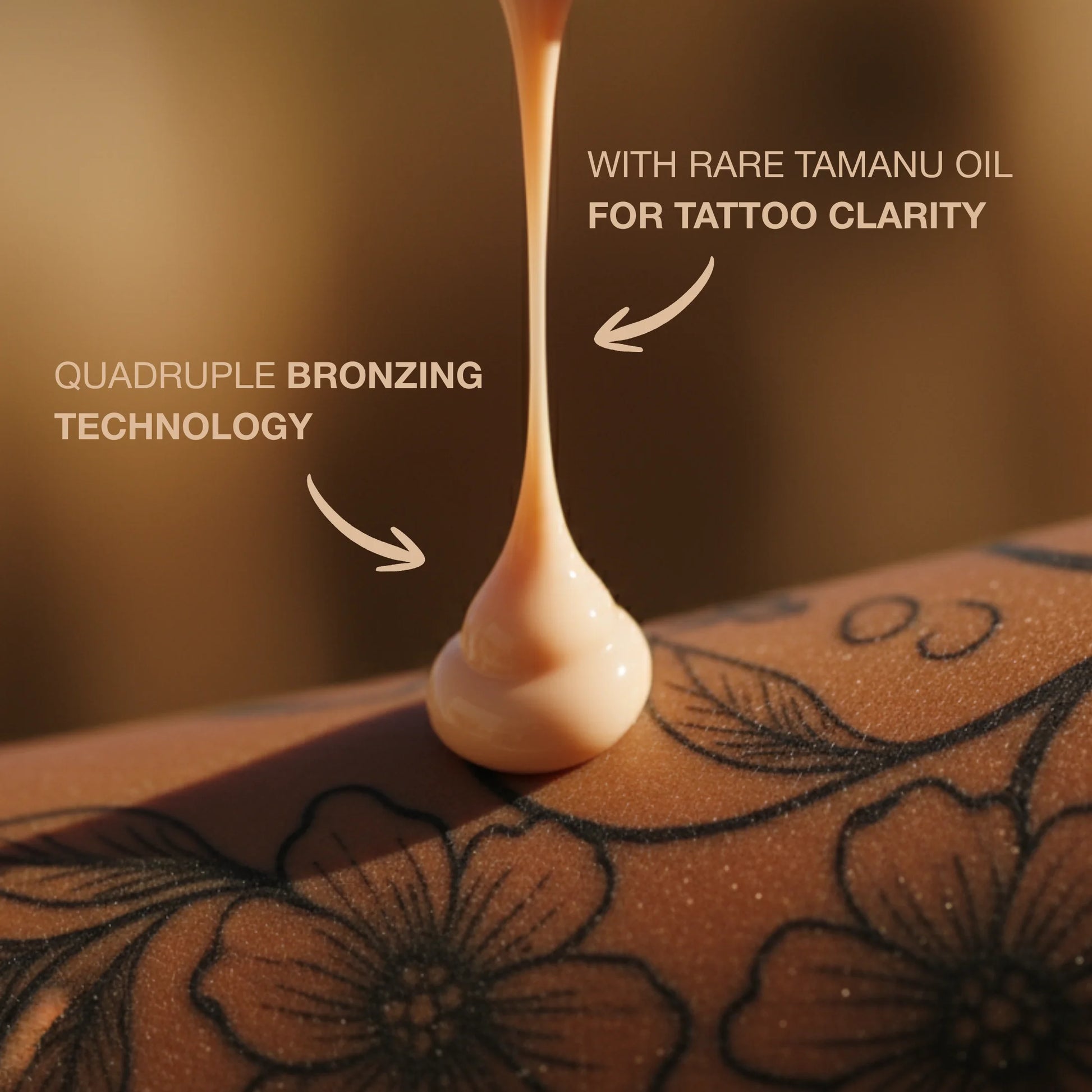Macro shot of creamy lotion dripping onto tattooed skin, highlighting texture and skincare absorption.