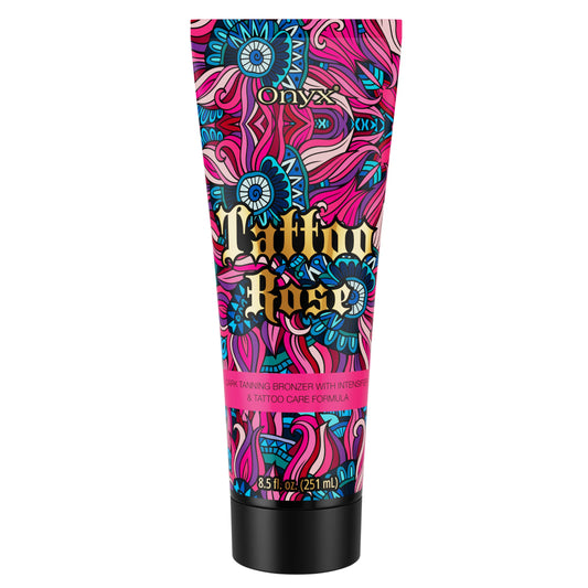 Colorful tanning lotion tube with vibrant pink and blue pattern isolated on white background, product packaging shot.