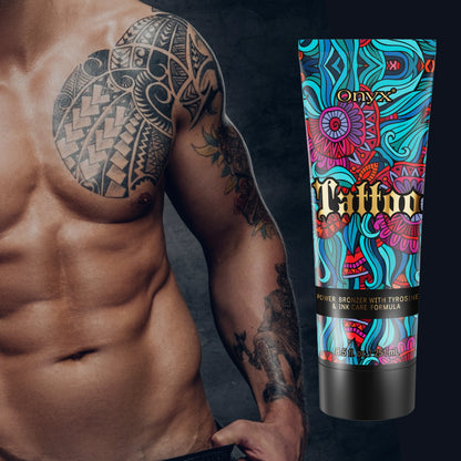 Onyx Tattoo Tanning Lotion with a tattooed male model, emphasizing deep bronzing and tattoo care.