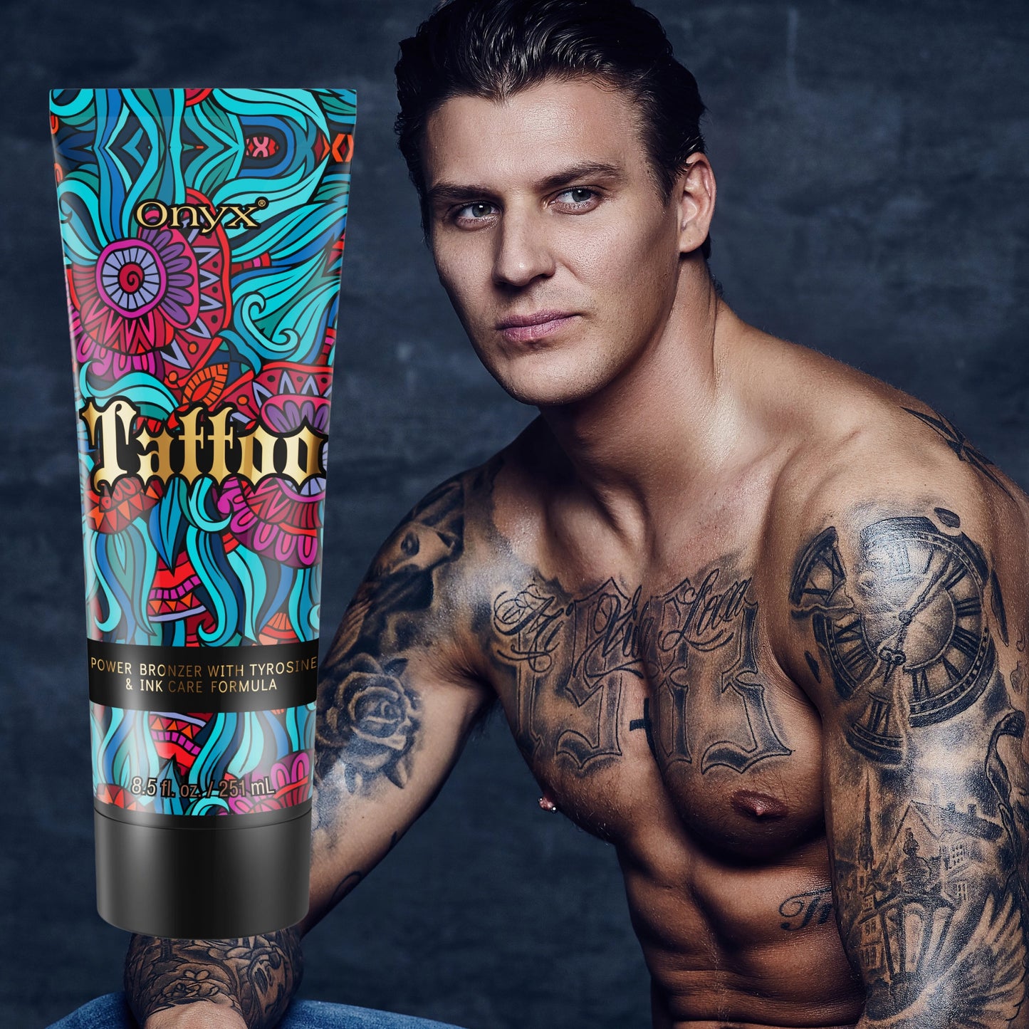 Onyx Tattoo Tanning Lotion next to a tattooed male model, showcasing bronzer benefits and ink care for men.