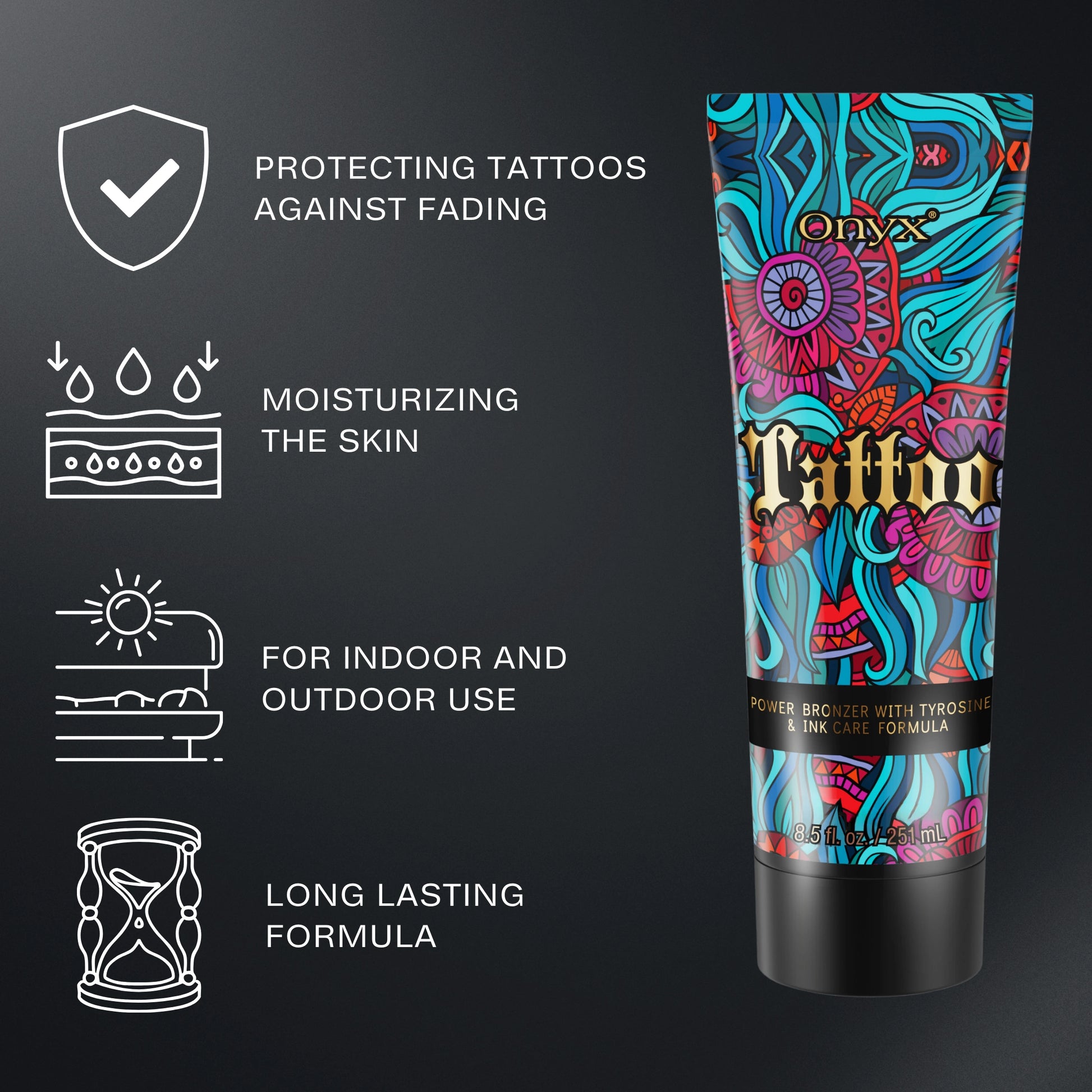 Onyx Tattoo Tanning Lotion with key benefits including tattoo protection, deep hydration, and long-lasting bronzing results.