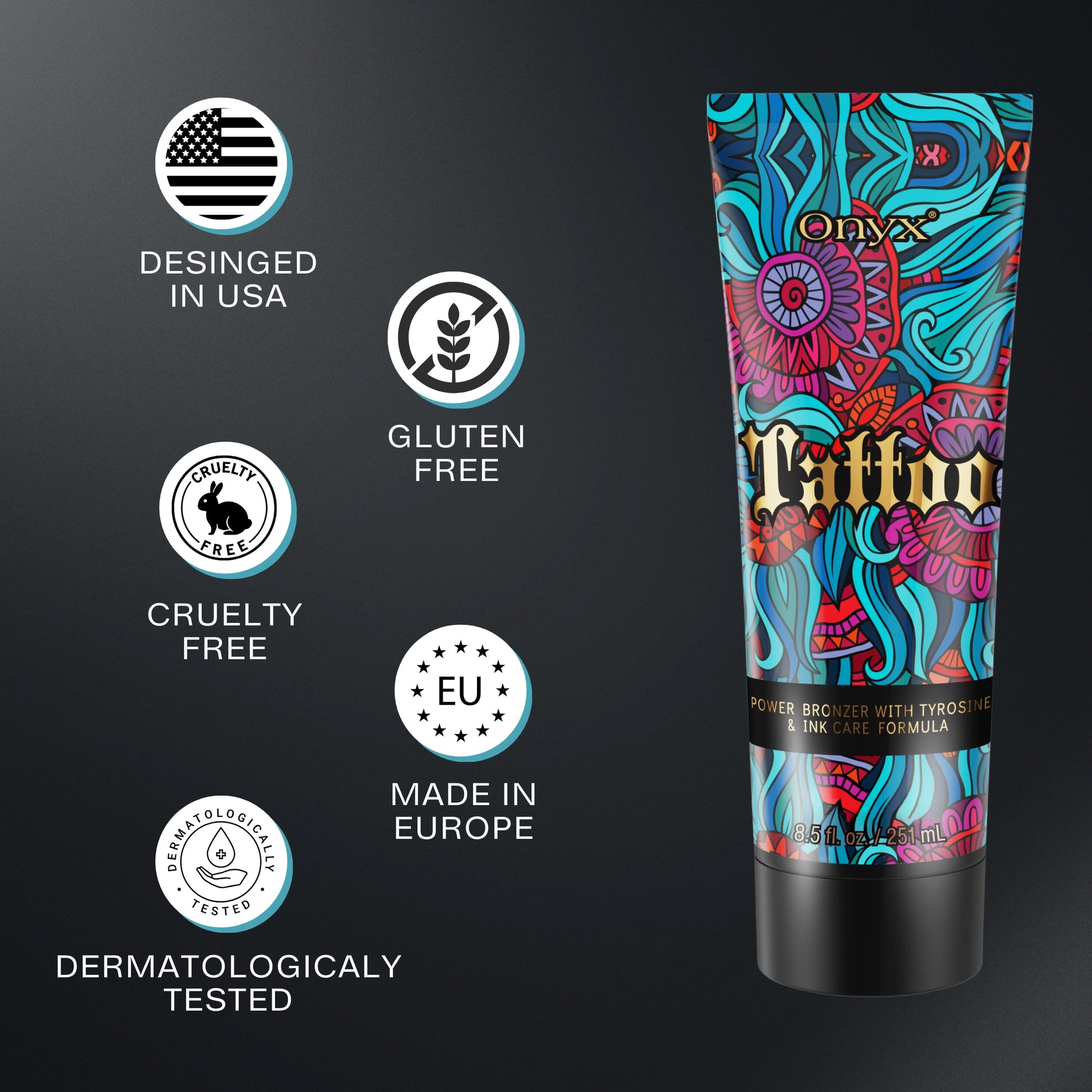 Onyx Tattoo Tanning Lotion highlighting vegan, cruelty-free, gluten-free, and dermatologically tested claims.