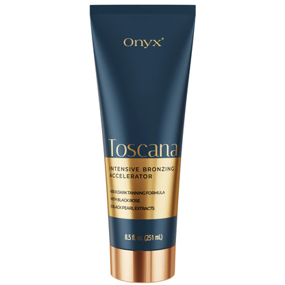 Onyx Toscana Bronzing Accelerator tanning lotion in a sleek dark blue and gold tube, designed for deep bronzing and skin hydration.