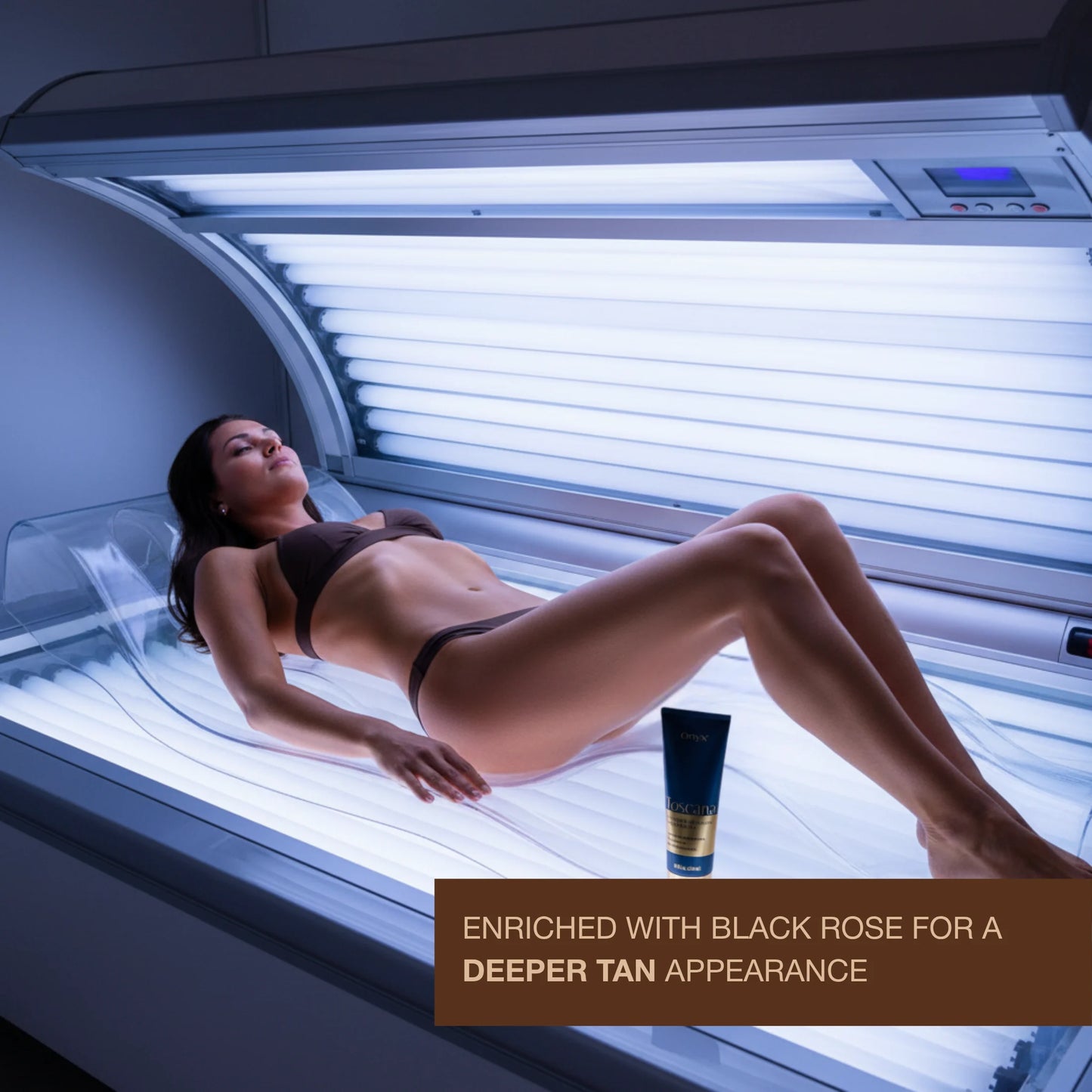 Woman lying in a tanning bed with Onyx Toscana Intensive Bronzing Accelerator and deeper tan appearance text