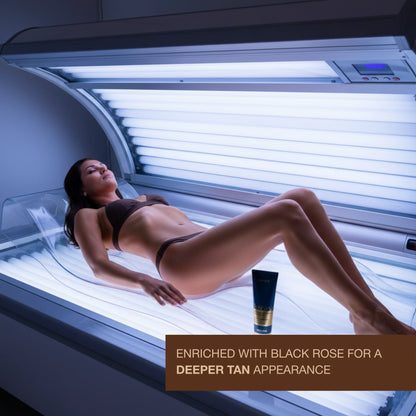 Woman lying in a tanning bed with Onyx Toscana Intensive Bronzing Accelerator and deeper tan appearance text