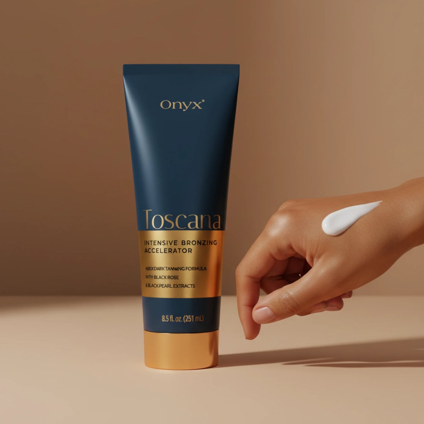 Onyx Toscana Intensive Bronzing Accelerator next to a hand with lotion texture on the skin