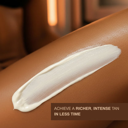 Close-up of Toscana tanning lotion texture applied on skin with richer, intense tan message