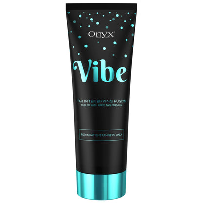 Onyx Vibe Tanning Accelerator – high-performance tan intensifier in sleek black and teal packaging.