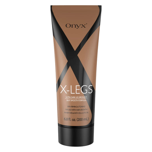Onyx X-LEGS Ultra Dark Leg Bronzer tube shown on a white background with the front label, black cap, 6.8 fl oz size, and X-shaped packaging design.