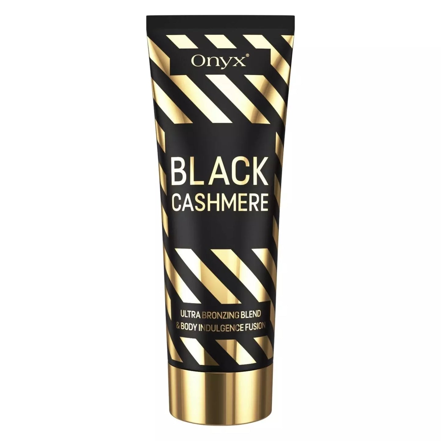 Onyx Black Cashmere tanning lotion tube shown on a white background with black and gold packaging, front label, gold cap, and striped design visible.