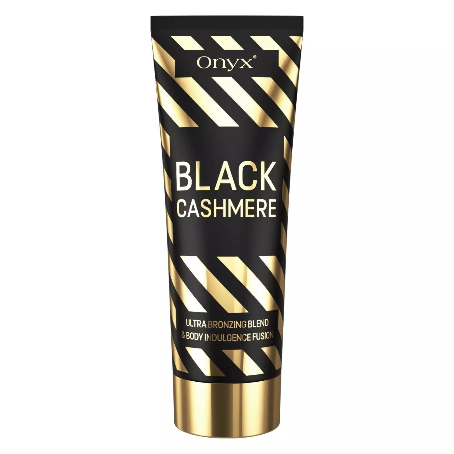 Onyx Black Cashmere tanning lotion tube shown on a white background with black and gold packaging, front label, gold cap, and striped design visible.